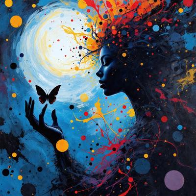 The primary subject of the image is a woman with a butterfly on her shoulder. She is surrounded by a vibrant and colorful background, which includes a blue sky, a moon, and a variety of polka dots. The visual style of the image is a combination of digital art and illustration, creating a unique and eye-catching scene. The colors and mood of the image are lively and energetic, with the woman and butterfly being the focal points of the composition.